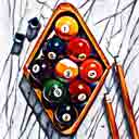 nine ball, billiards game room art, billiards gifts, billiards prints and billiards paintings, pool table art, pool table gifts, pool table prints and pool table paintings by artists Jane Billman and Gregg Billman